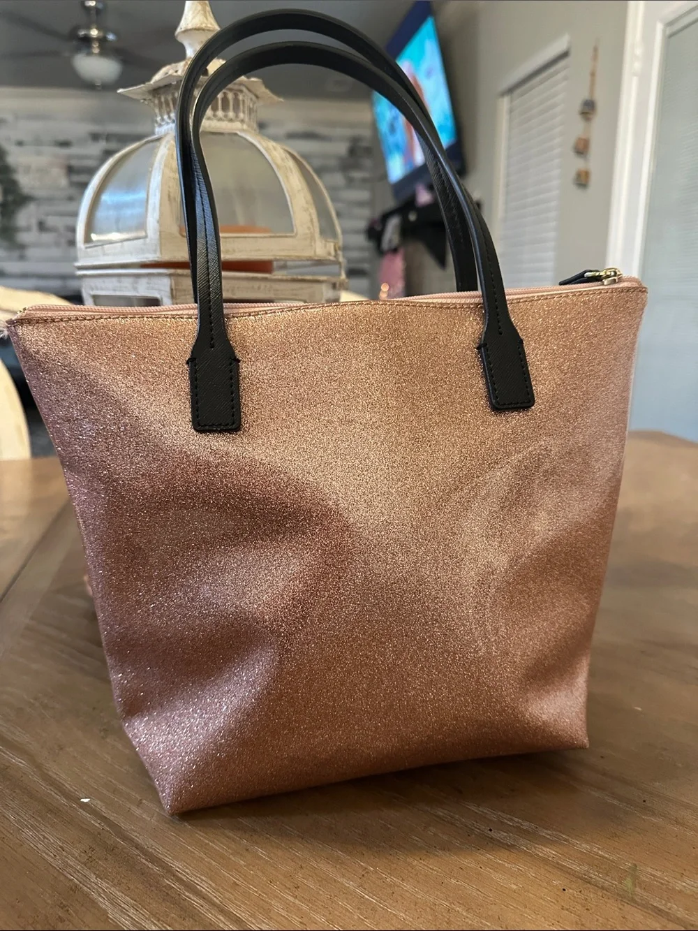 kate spade Rose Gold Glitter Tote with Black Handles - Picture 4 of 11